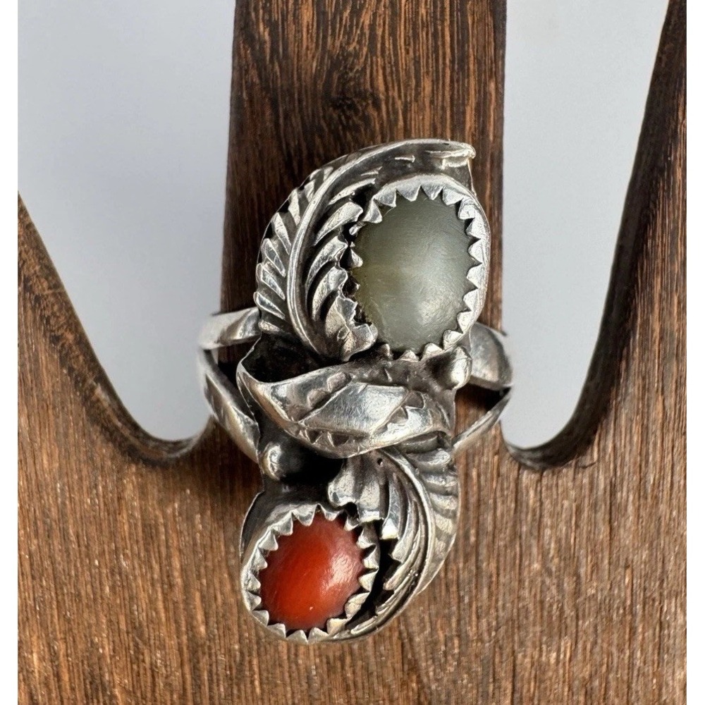 Cecil Henry Navajo Sterling Silver Green Turquoise Coral Ring Sz 8.25 Signed H